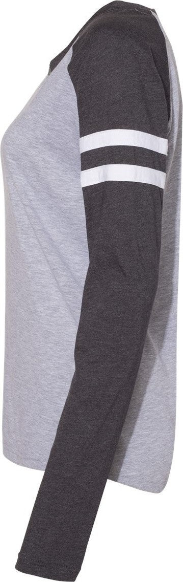 Left View of Vintage Heather/ Vintage Navy Women's Fine Jersey Mash Up Long Sleeve T-Shirt - 3534