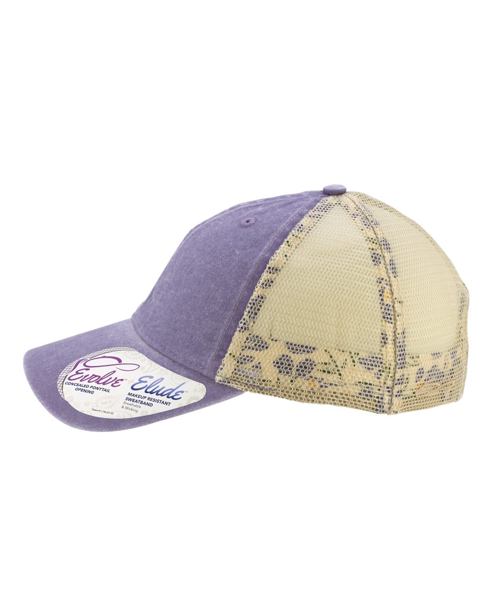 Left View of Violet/ Floral/ Khaki Women&#39;s Washed Mesh-Back Cap - TESS