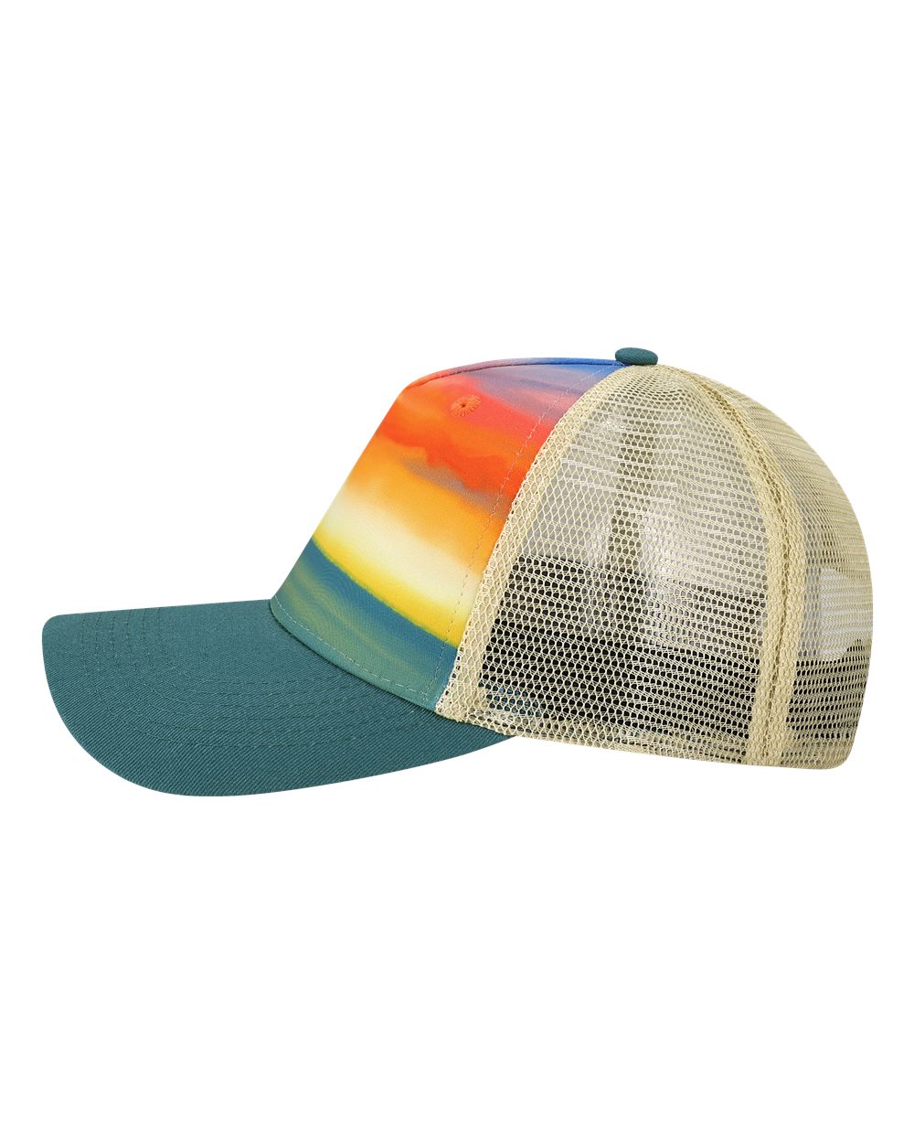 Left View of Watercolor Sunset/ Teal Trucker Cap - 5PTKR