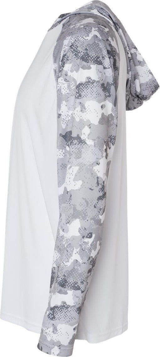 Left View of White/ Aluminum Camo Tortuga Extreme Performance Hooded T-Shirt - 240