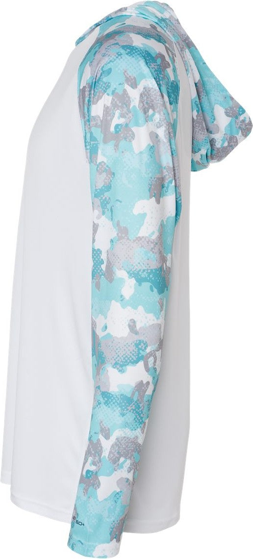 Left View of White/ Aqua Camo Tortuga Extreme Performance Hooded T-Shirt - 240