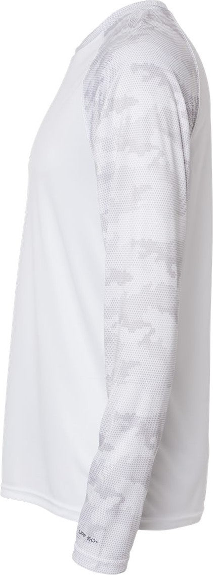 Left View of White Cayman Performance Camo Colorblocked Long Sleeve T-Shirt - 216