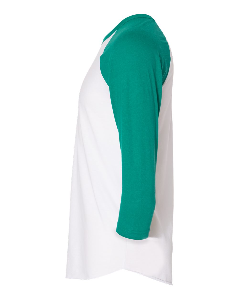 Left View of White/ Evergreen 50/50 Raglan Three-Quarter Sleeve Tee - BB453W