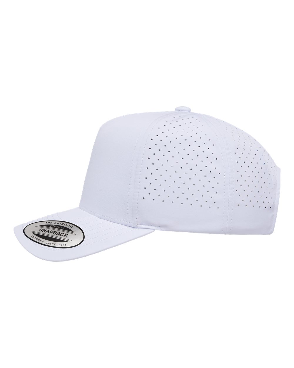 Left View of White Five-Panel Snapback with Perforated Cap - 5389AP