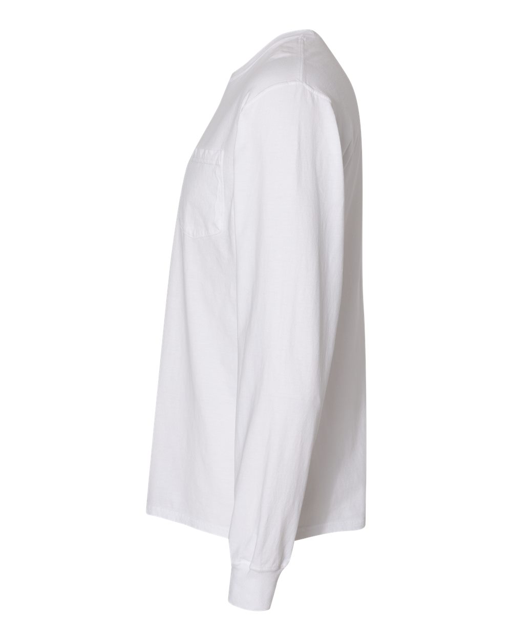 Left View of White Garment-Dyed Long Sleeve T-Shirt With a Pocket - GDH250