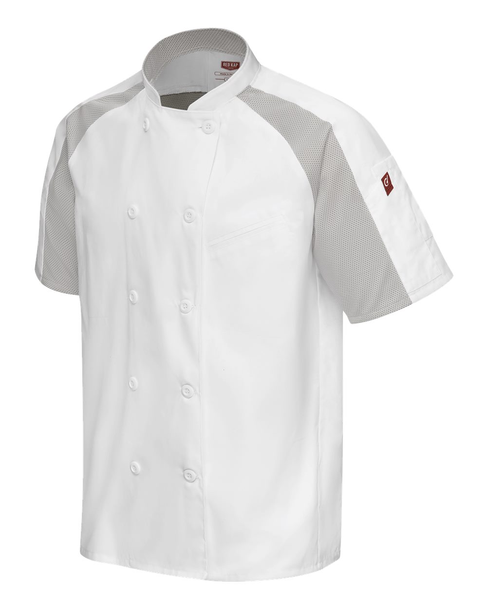 Left View of White/ Grey Mesh Airflow Raglan Chef Coat - 052M