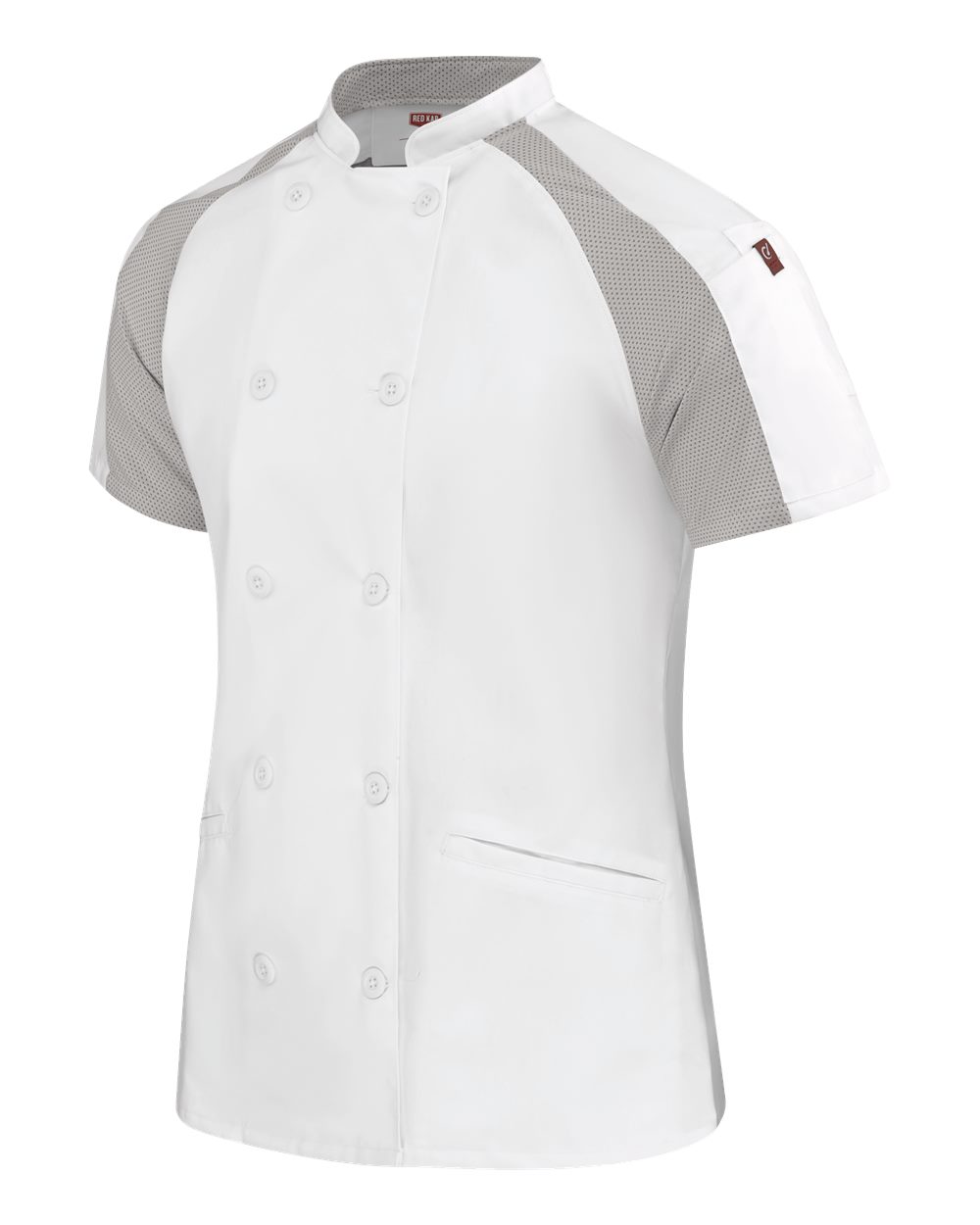 Left View of White/ Grey Mesh Women&#39;s Airflow Raglan Chef Coat - 051W