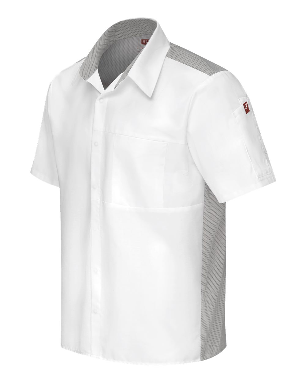 Left View of White/ Grey Poplin Airflow Cook Shirt with OilBlok - 502M