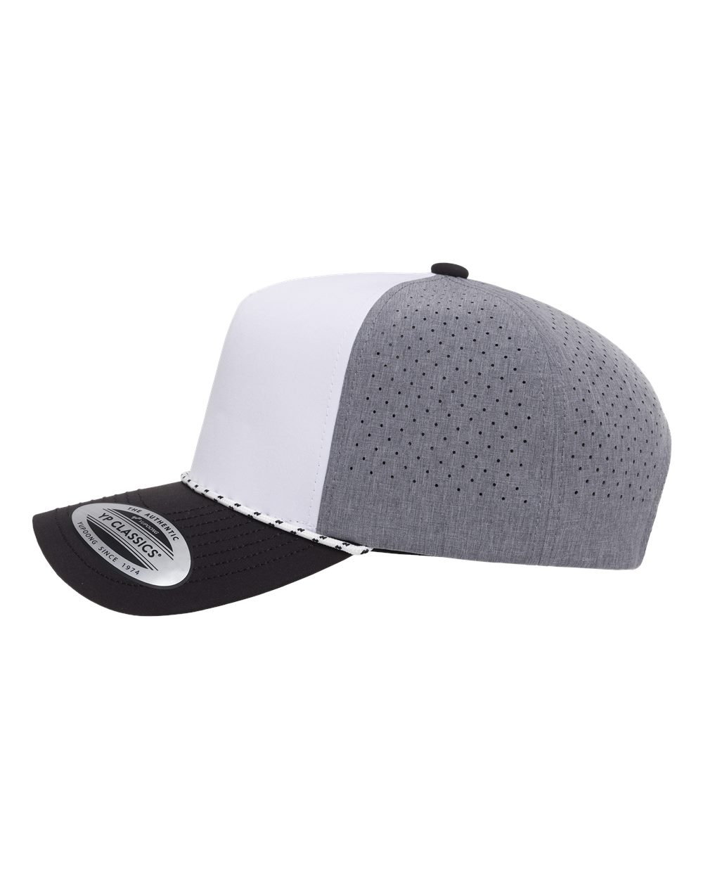 Left View of White/ Heather Grey/ Black Five-Panel Perforated Rope Cap - 5389BD plain