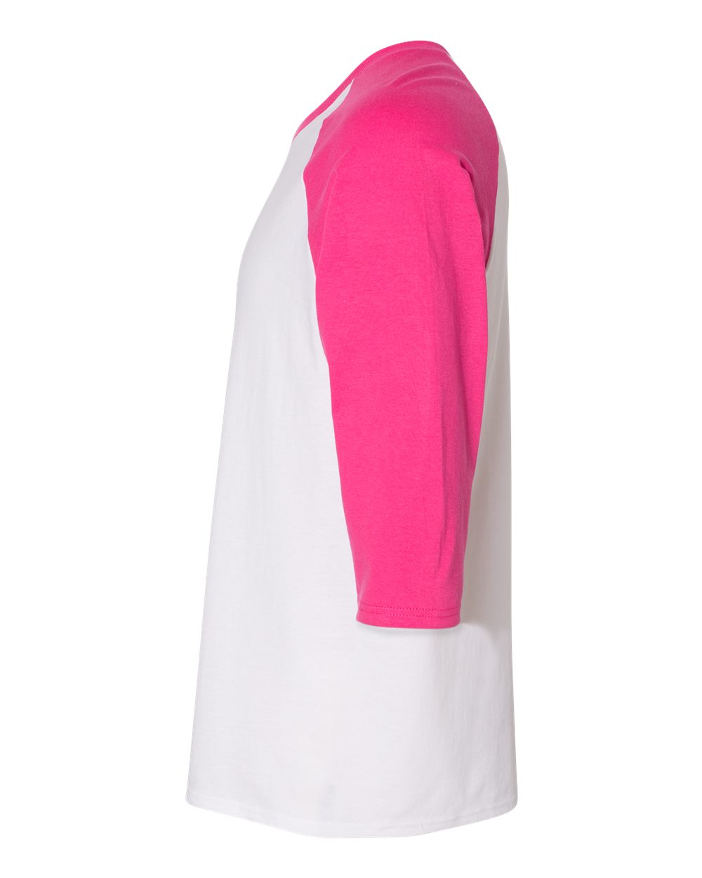 Left View of White/ Heliconia Heavy Cotton™ Raglan Three-Quarter Sleeve T-Shirt - 5700