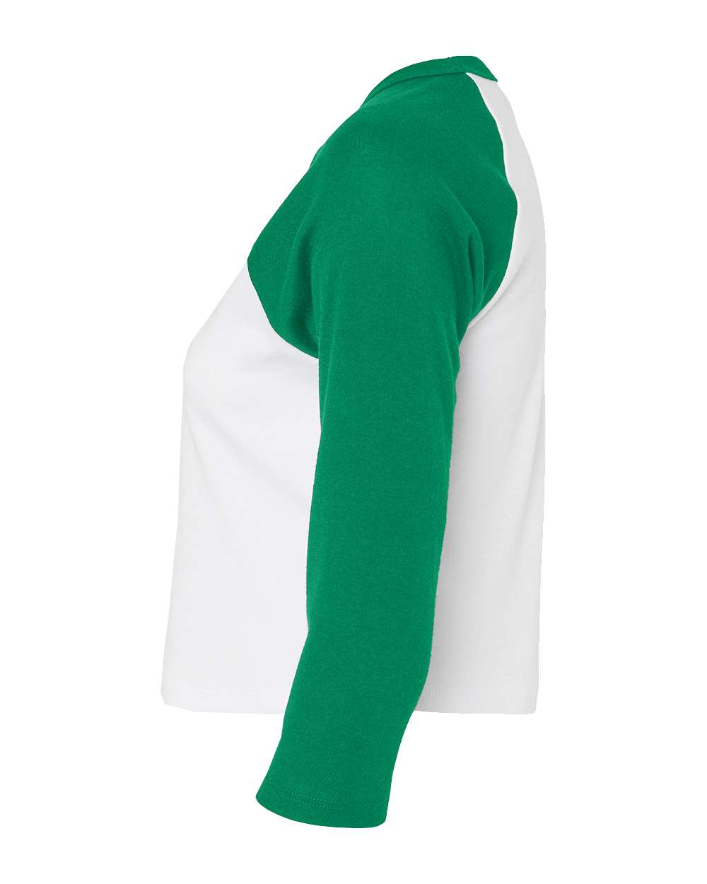 Left View of White/ Kelly Women&#39;s Micro Rib 3/4 Raglan Sleeve Baby Tee - 1200