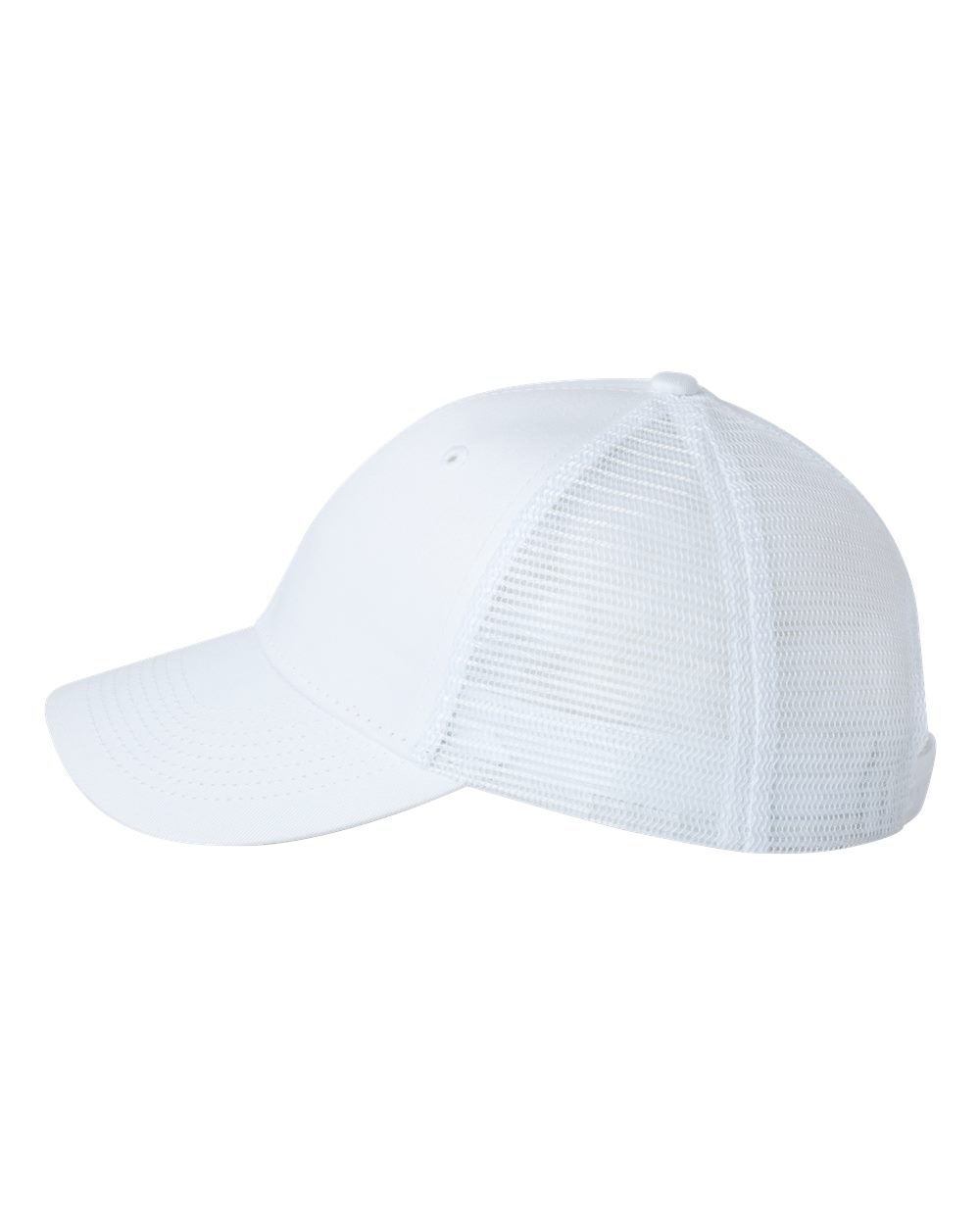 Left View of White Mesh-Back Twill Trucker Cap - VC400