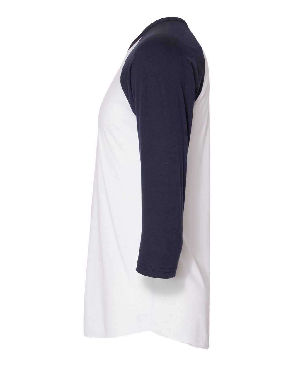 Left View of White/ Navy 50/50 Raglan Three-Quarter Sleeve Tee - BB453W