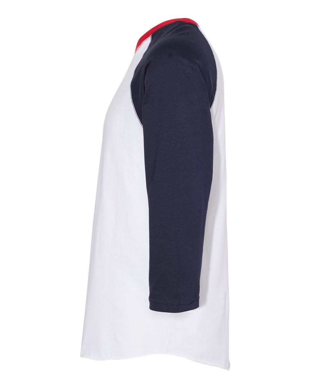 Left View of White/ Navy/ Red Baseball Fine Jersey Three-Quarter Sleeve Tee - 6930