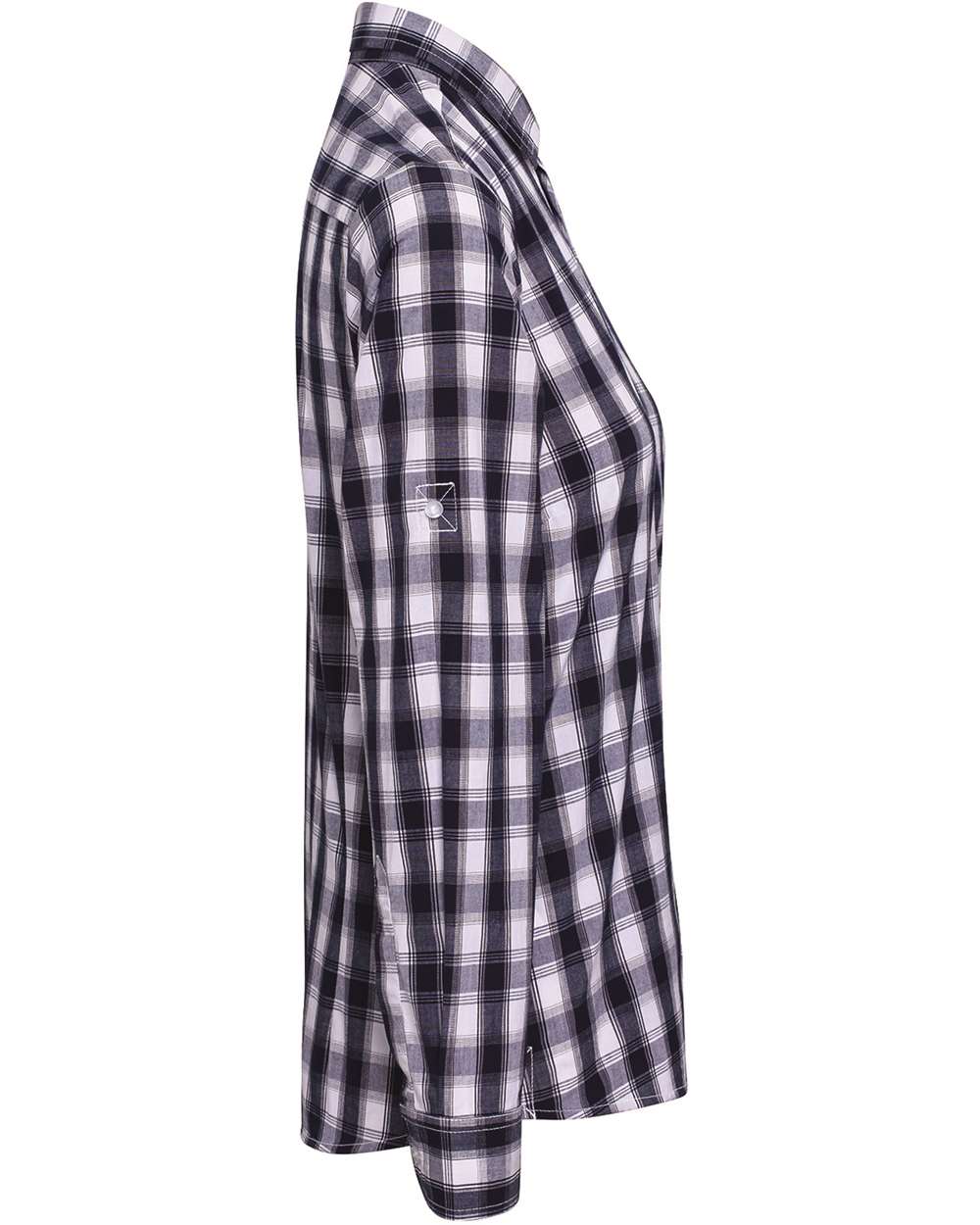 Rear View of White/ Navy Women's Mulligan Check Cotton Dress Shirt - RP350