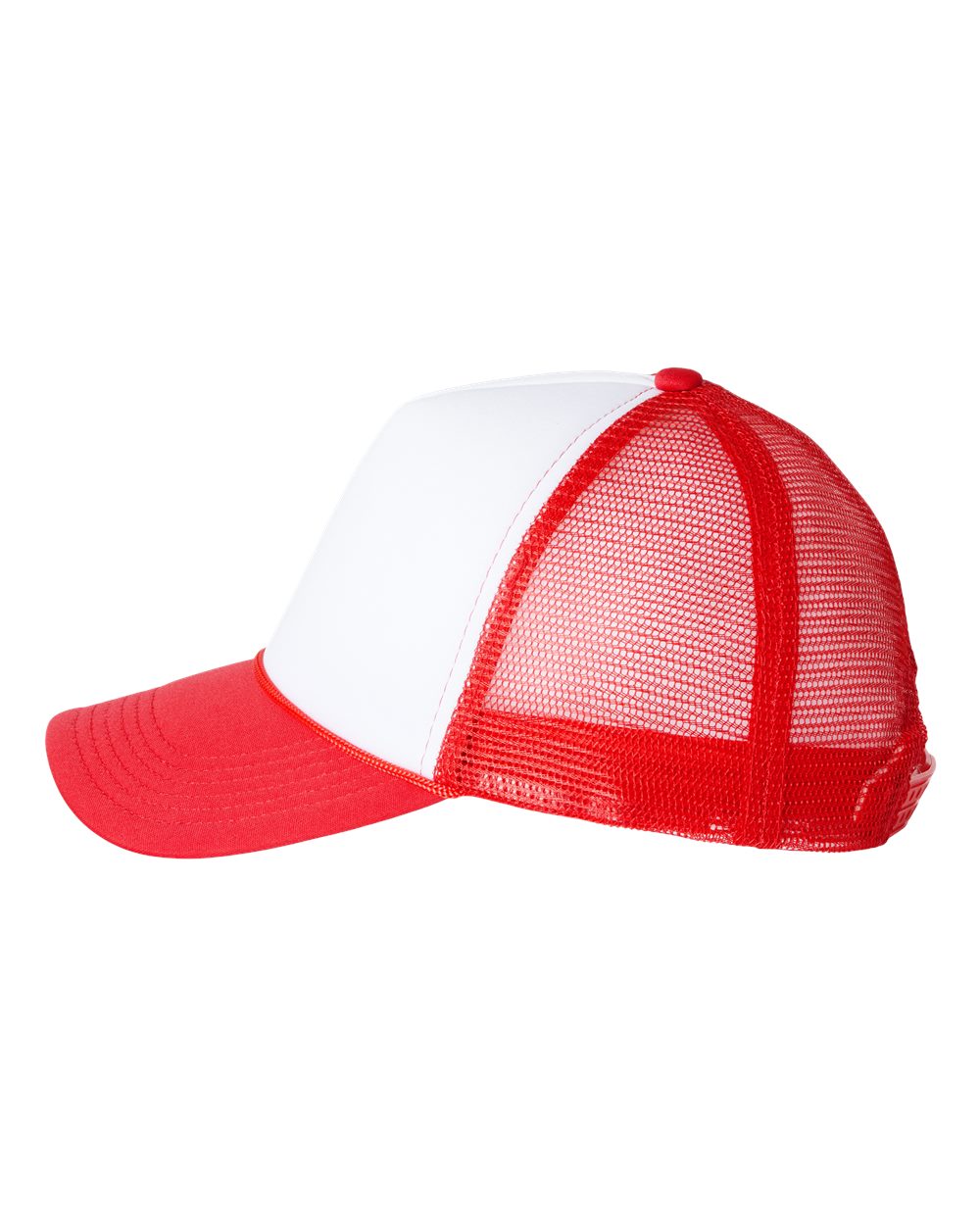 Left View of White/ Red Foam Mesh-Back Trucker Cap - VC700