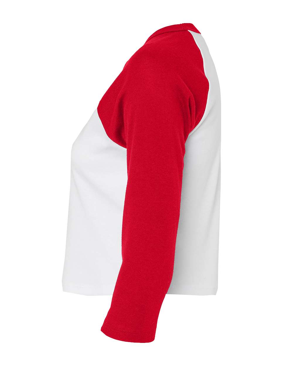 Left View of White/ Red Women's Micro Rib 3/4 Raglan Sleeve Baby Tee - 1200