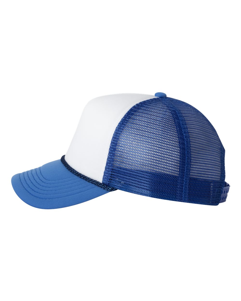Left View of White/ Royal Foam Mesh-Back Trucker Cap - VC700