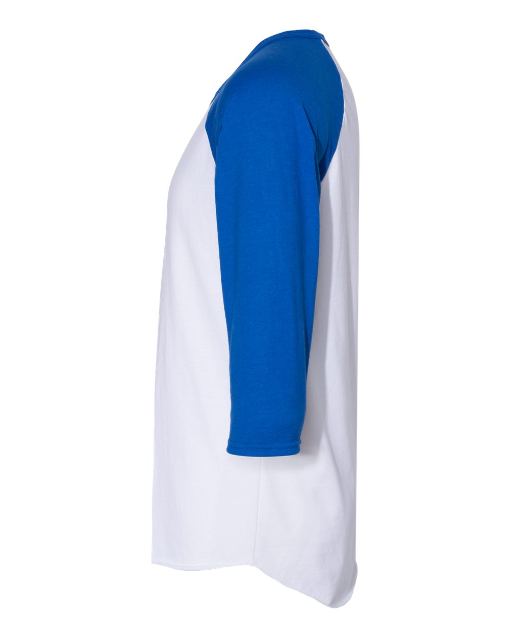 Left View of White/ Royal Premium Blend Ringspun Three-Quarter Sleeve Raglan Baseball T-Shirt - 560RR