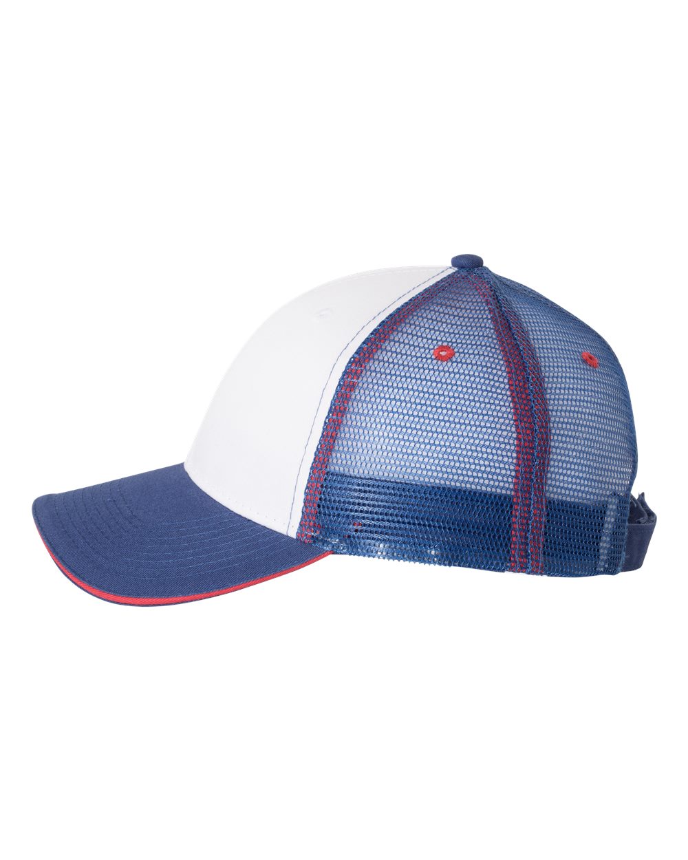 Left View of White/ Royal/ Red Sandwich Trucker Cap - S102