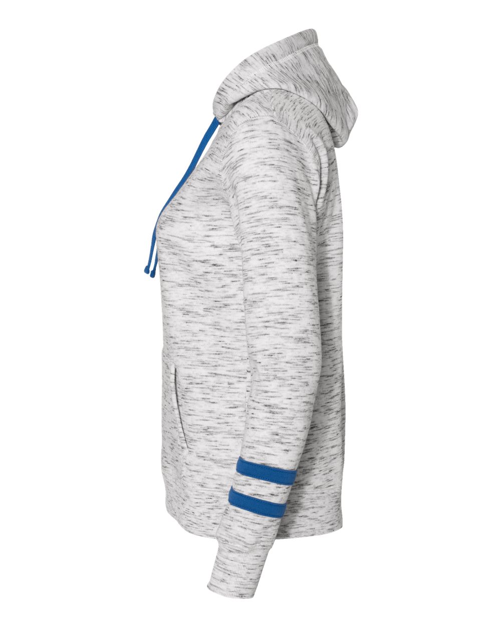 Left View of White/ Royal Women’s Mélange Fleece Striped-Sleeve Hooded Sweatshirt - 8674