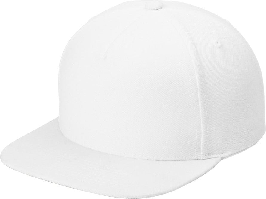 Left View of White Sport-Tek YP Classics Premium 5-Panel Snapback Cap STC55