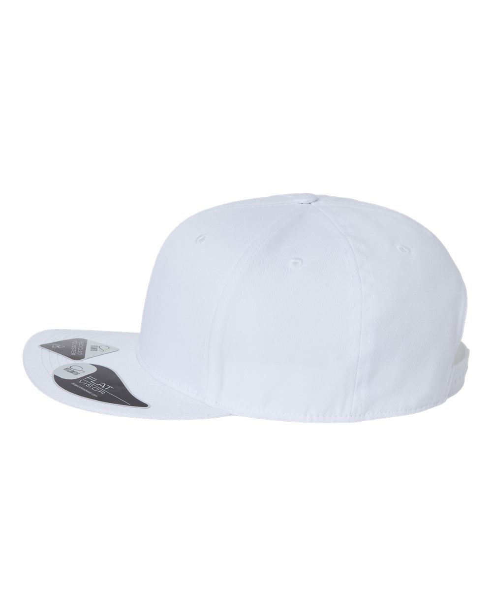 Left View of White Sustainable Flat Bill Cap - JAMES