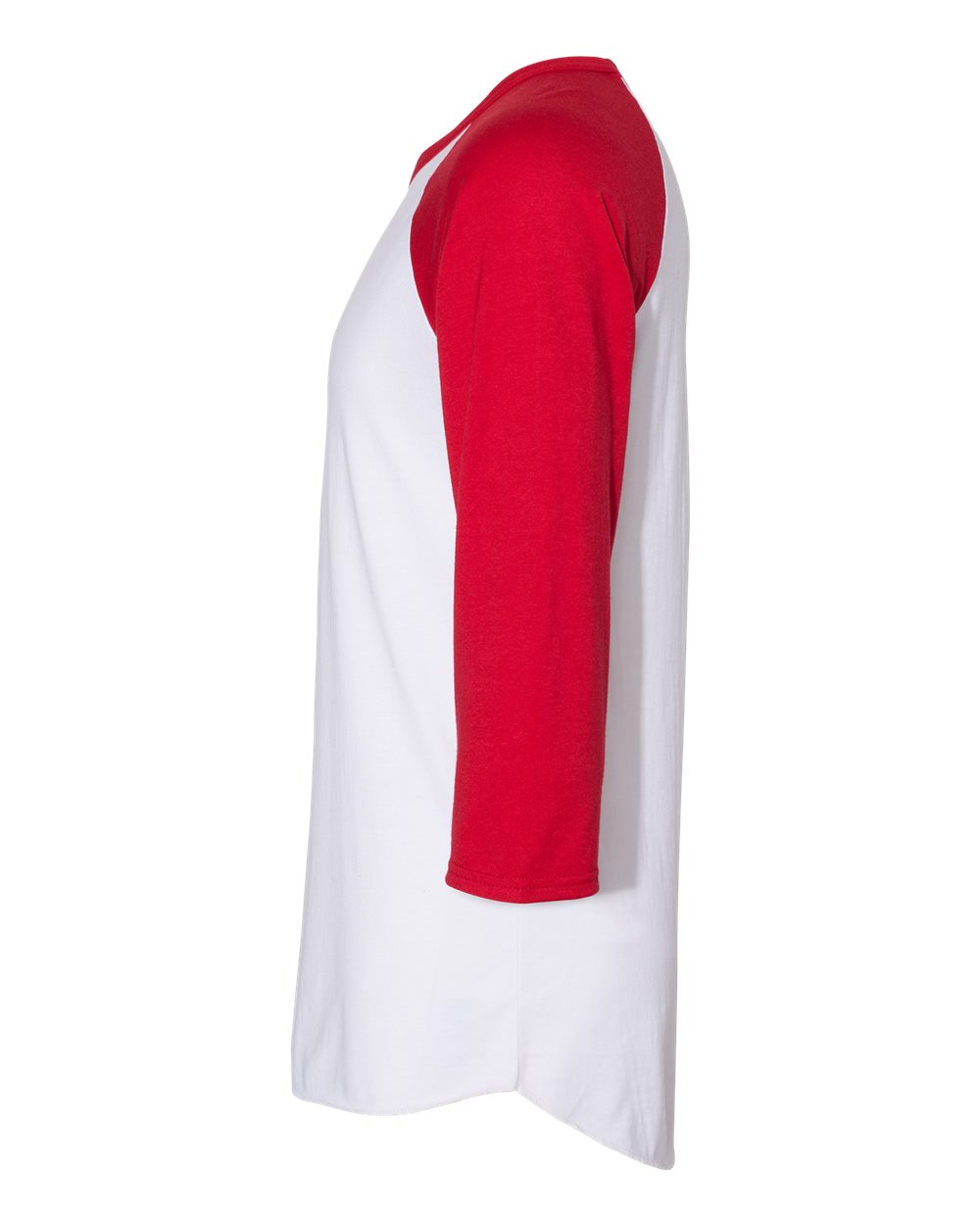 Left View of White/ True Red Premium Blend Ringspun Three-Quarter Sleeve Raglan Baseball T-Shirt - 560RR
