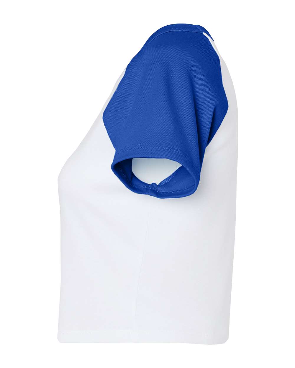Left View of White/ True Royal Women&#39;s Micro Rib Raglan Baby Tee - 1201