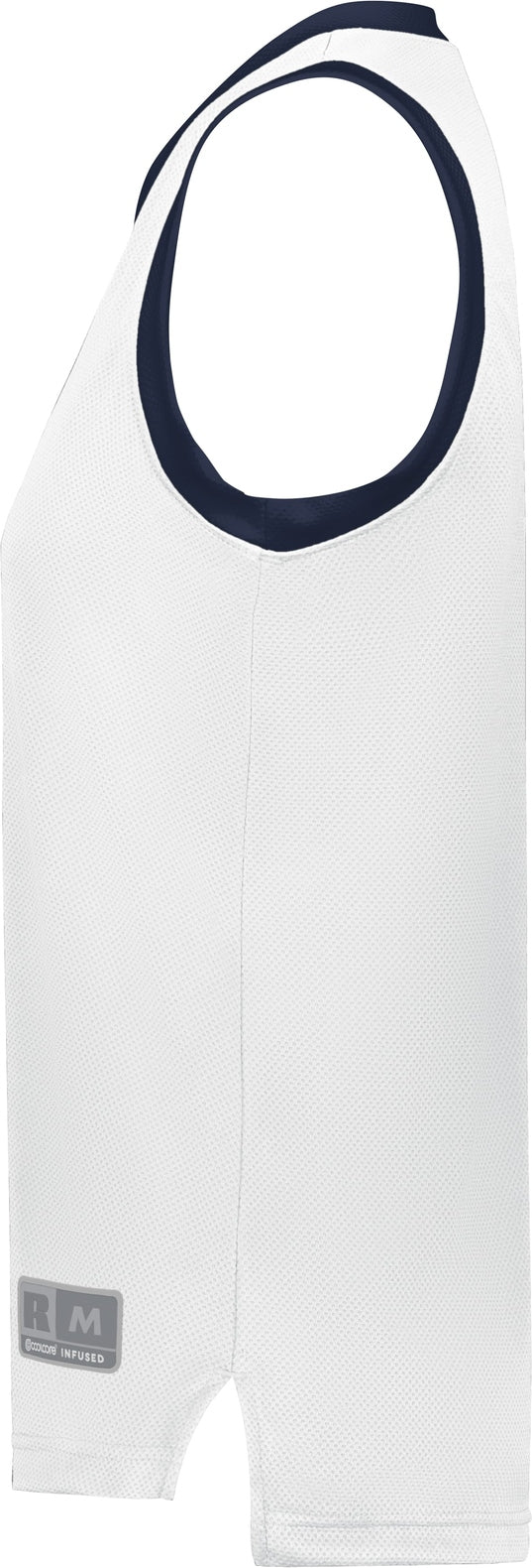 Left View of WHITE/NAVY LDS COOLCORE ELITE JERSEY