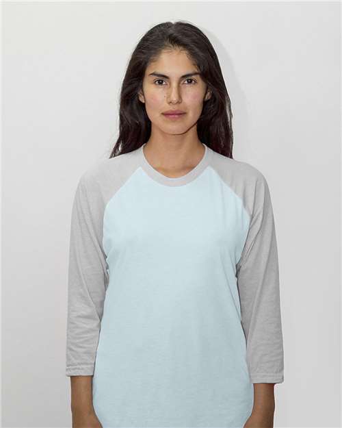 Light Blue/ Heather Grey USA-Made Three Quarter Sleeve Raglan Baseball T-Shirt - FF53