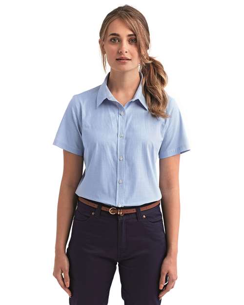 Light Blue/ White Women&#39;s Microcheck Gingham Short Sleeve Cotton Dress Shirt - RP321