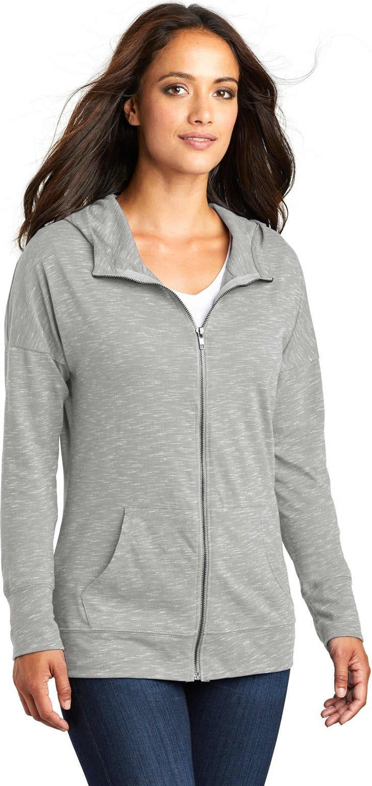 Light Grey District Women's Medal Full-Zip Hoodie. DT665