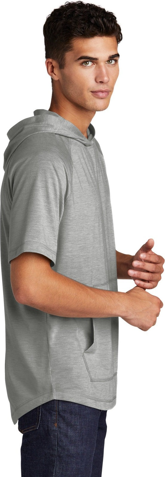 Light Grey Hth Sport-Tek PosiCharge Tri-Blend Wicking Short Sleeve Hoodie. ST404
