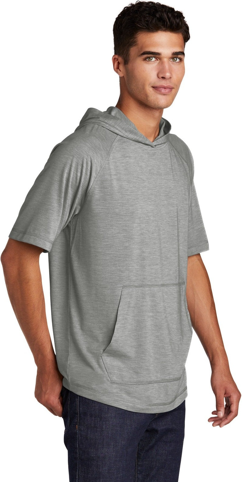 Light Grey Hth Sport-Tek PosiCharge Tri-Blend Wicking Short Sleeve Hoodie. ST404