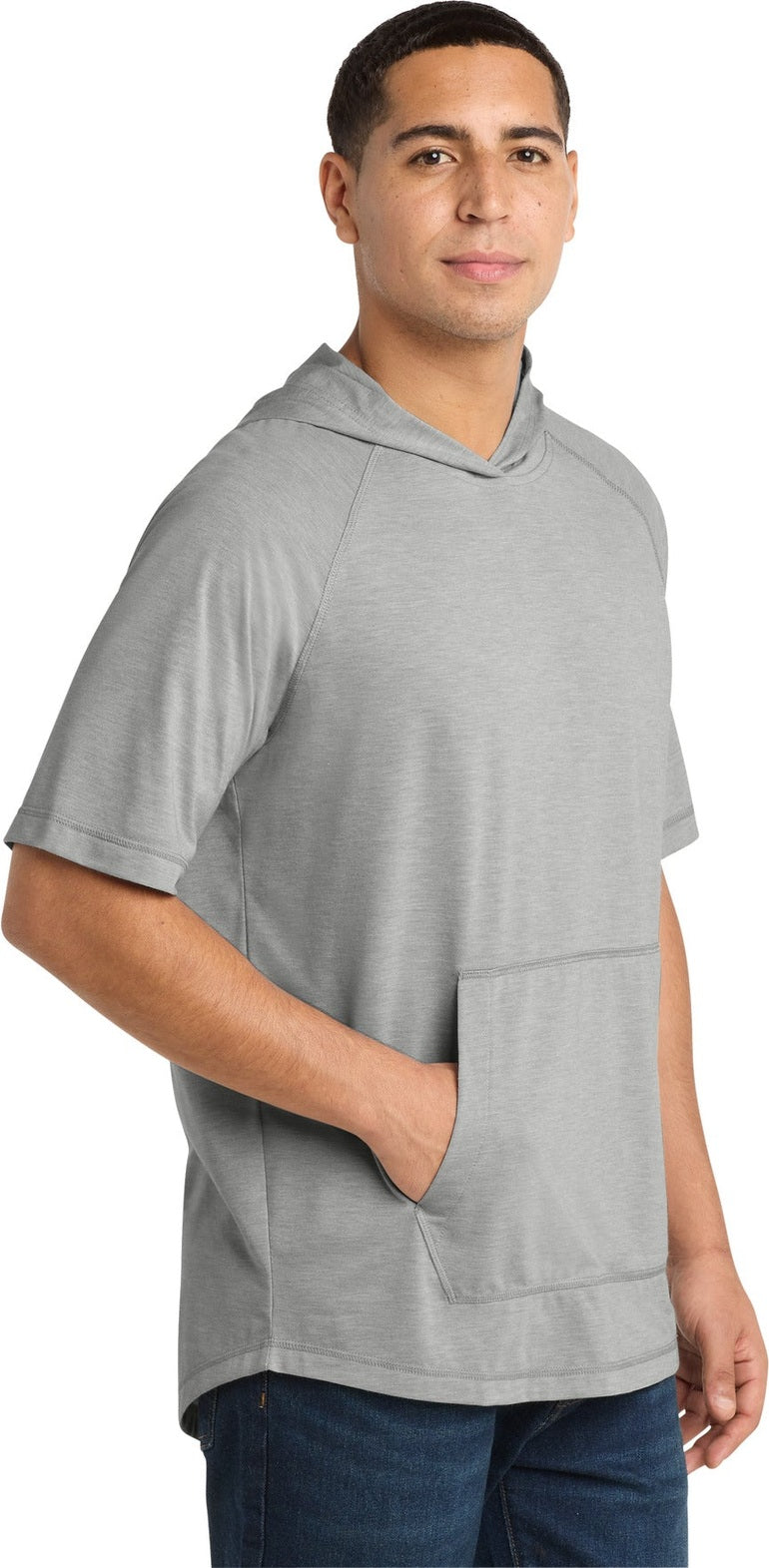 Light Grey Hth Sport-Tek PosiCharge Tri-Blend Wicking Short Sleeve Hoodie. ST404