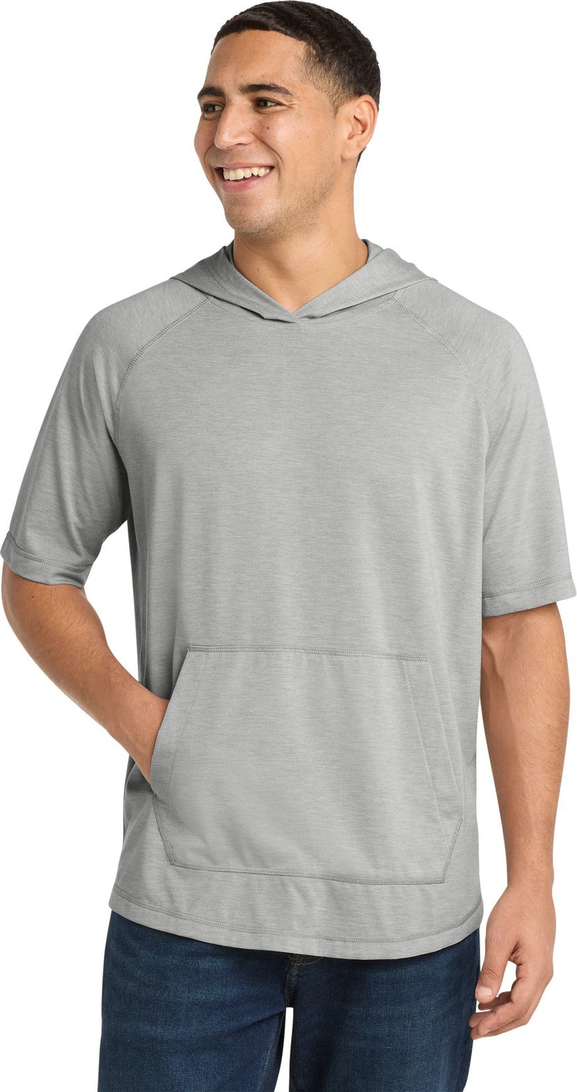 Light Grey Hth Sport-Tek PosiCharge Tri-Blend Wicking Short Sleeve Hoodie. ST404