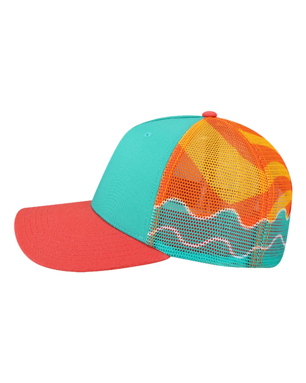 Locale 5ptkrs Plain Front Five-panel Trucker Cap - Aqua Wavy Sunset Coral