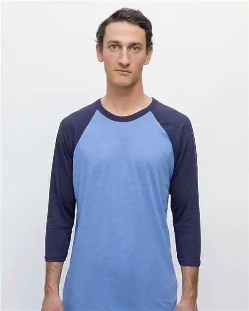 Los Angeles Apparel Ff53 Usa-made Three Quarter Sleeve Raglan Baseball T-shirt - Heather Lake Blue Navy - Blue/ / Xs