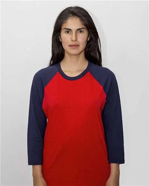 Los Angeles Apparel Ff53 Usa-made Three Quarter Sleeve Raglan Baseball T-shirt - Red Navy - Red/ / Adult Xs
