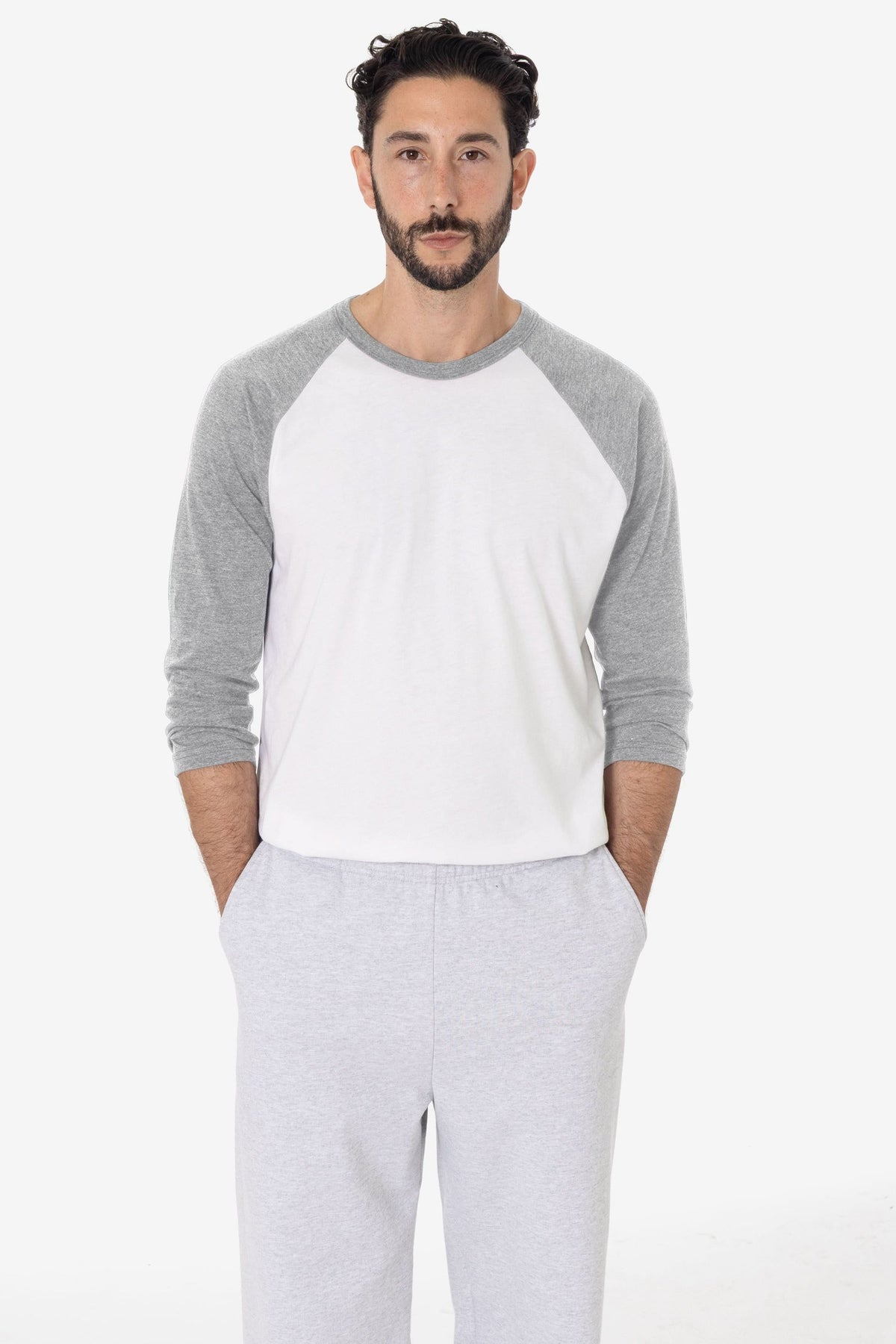 Los Angeles Apparel Ff53 Usa-made Three Quarter Sleeve Raglan Baseball T-shirt - White Heather Gray - White/ / Adult Xs