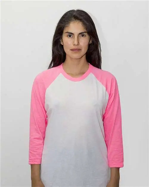 Los Angeles Apparel Ff53 Usa-made Three Quarter Sleeve Raglan Baseball T-shirt - White Neon Heather Pink - White/