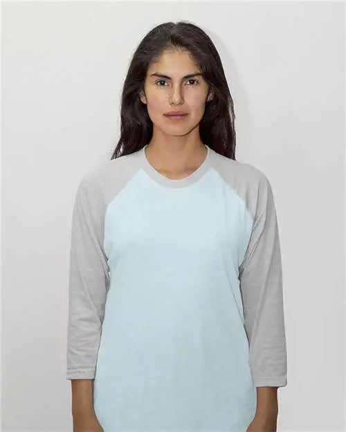 Los Angeles Apparel Ff53 Usa-made Three Quarter Sleeve Raglan Baseball T-shirt - Light Blue Heather Gray - Blue/