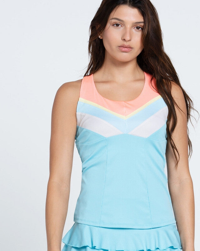 Lucky in Love Club Racerback Tank W/ Bra Women’s - Cool Blue Peach Frost