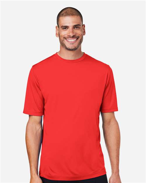 Left View of Marina Red Unisex Capital Performance T-Shirt - CE10