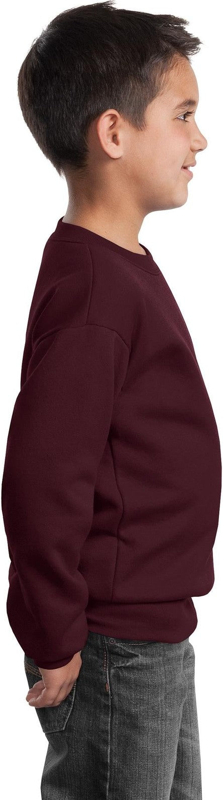 Maroon Port & Co Youth Core Fleece Crewneck Sweatshirt. PC90Y