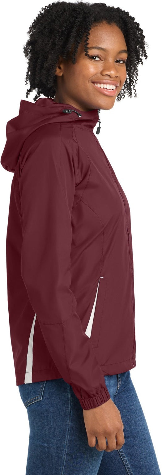 Maroon/White Sport-Tek Women's Colorblock Hooded Raglan Jacket. LST76