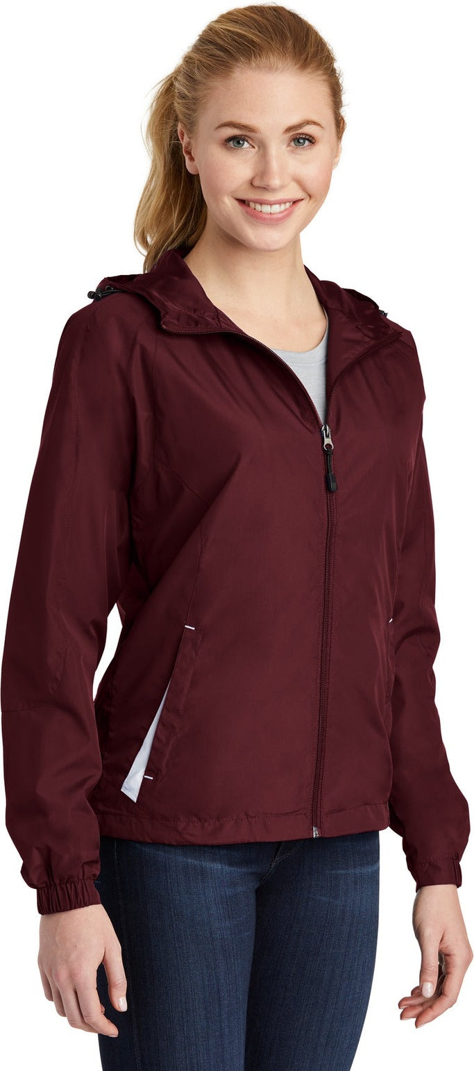 Maroon/White Sport-Tek Women's Colorblock Hooded Raglan Jacket. LST76