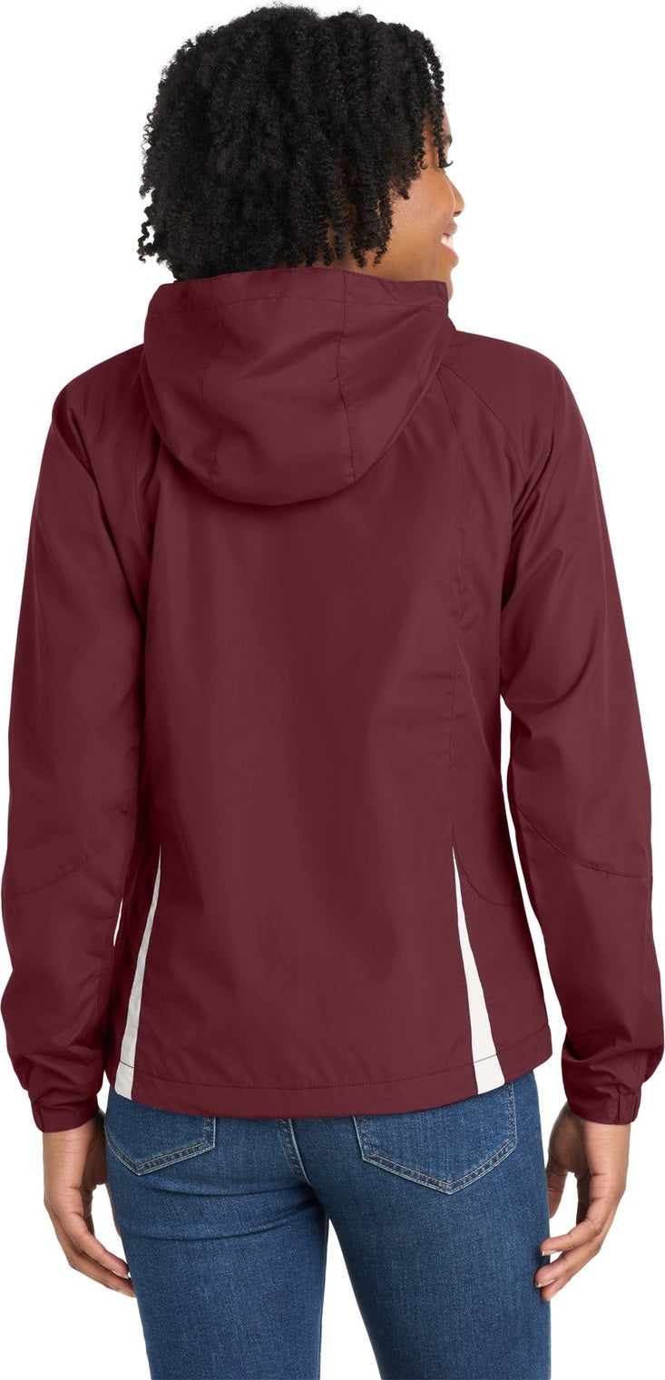 Maroon/White Sport-Tek Women's Colorblock Hooded Raglan Jacket. LST76