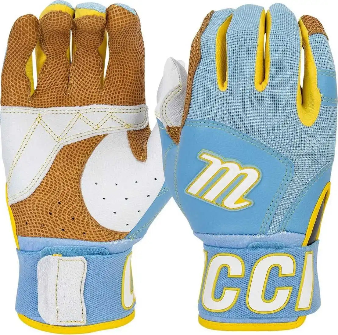 Marucci Blacksmith V2 Baseball Adult Batting Gloves - Columbia Blue Yellow